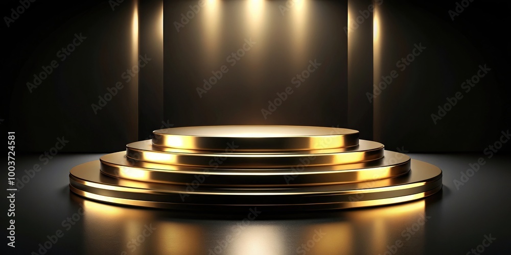 Obraz premium Luxurious golden podium black details with gold bokeh lights from a worm's eye view