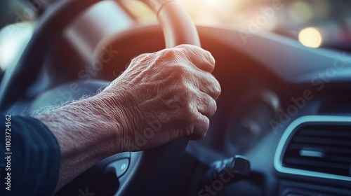 Wallpaper Mural Senior person gripping steering wheel with focused mood while driving in car interior Torontodigital.ca
