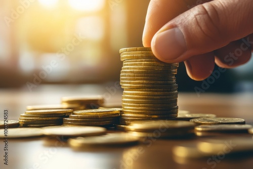 Hand stacking golden coins in warm light photo