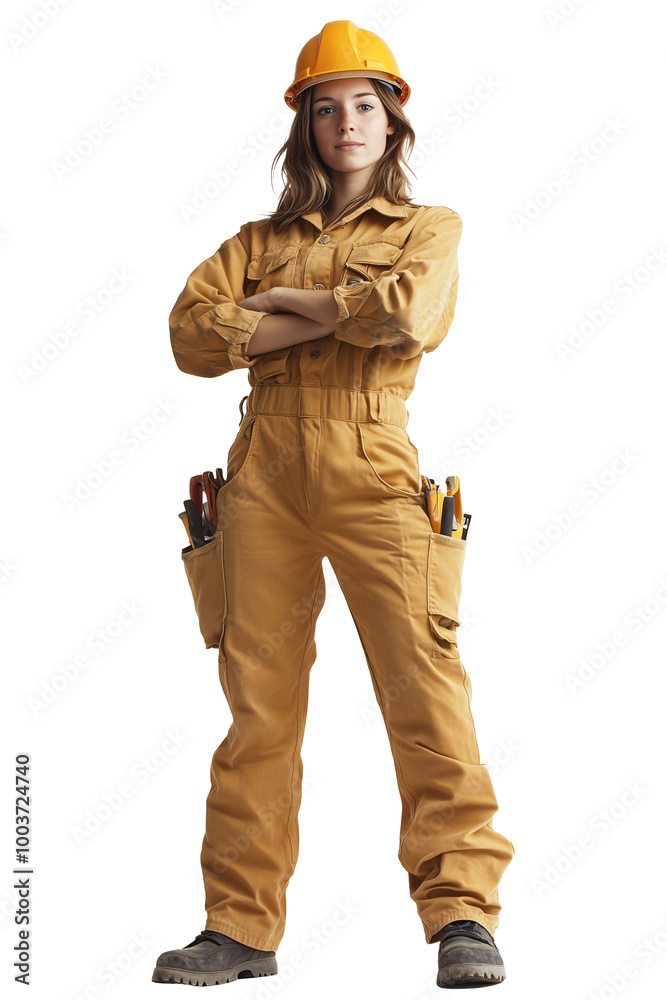 Female construction worker, clad in safety gear Female construction worker, clad in safety gear
