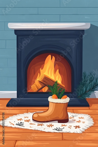 Childrens shoe and pepernoten. Illustrationfor Sinterklaas and carrot for horse treat stands in front of hot fireplace. Celebration concept for children party in Saint Nicolas day five december. photo