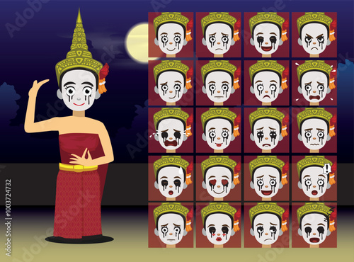 Thai Ghost Phee Nang Ram Thai Dance Cartoon Emotion faces Vector Illustration