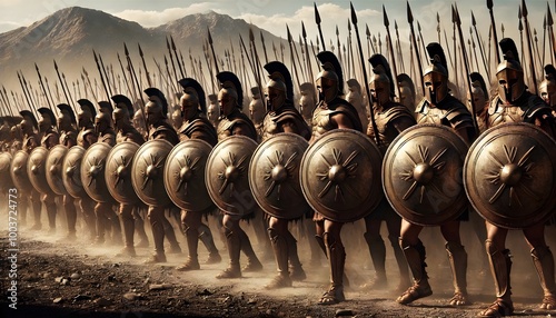 A depiction of an ancient Greek army in a powerful Phalanx formation.