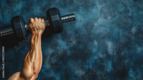 Muscular hand holding a dumbbell against a textured blue background copy space photo