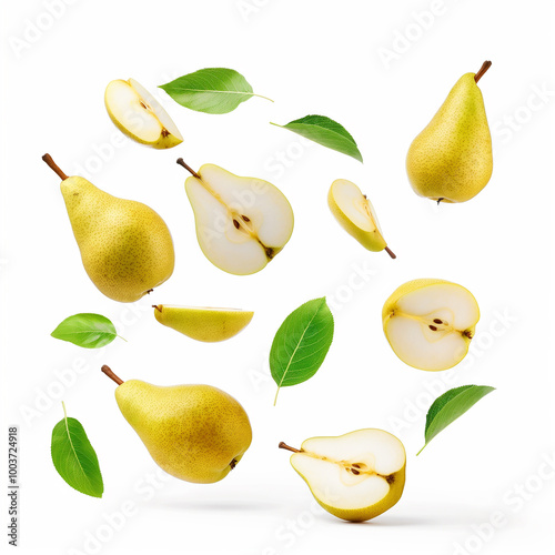 Pear with half slices falling, on white background