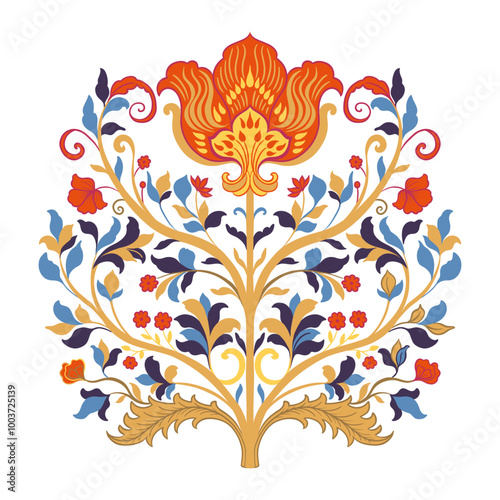 Mughal tree decorative ornamental floral. Vintage intricate traditional mughal style with flowers and foliage.