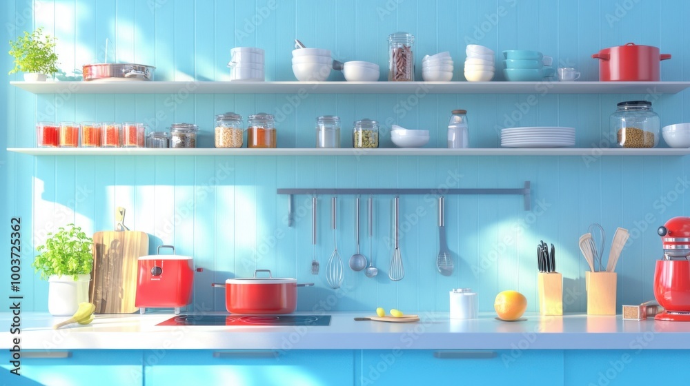 3D effect of a vibrant kitchen with detailed open shelving, modern utensils, and an energetic