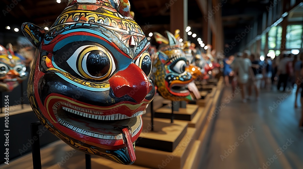 Fototapeta premium Colorful Traditional Asian Mask Displayed on Wooden Stand