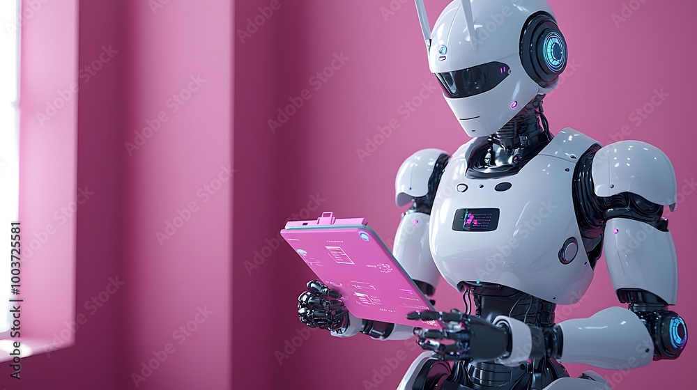 Soft Robot Holding a Digital Notepad in Pastel Room Soft Robot Holding a Digital Notepad in Pastel Room