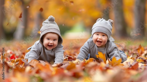 Adorable Twins Enjoying Autumn Leaves Heartwarming Baby Photo