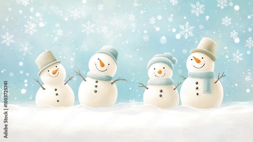 Four cheerful snowmen in warm hats and scarves stand playfully in a snowy landscape against a serene winter backdrop. Four cheerful snowmen in warm hats and scarves stand playfully in a snowy landscape against a serene winter backdrop.
