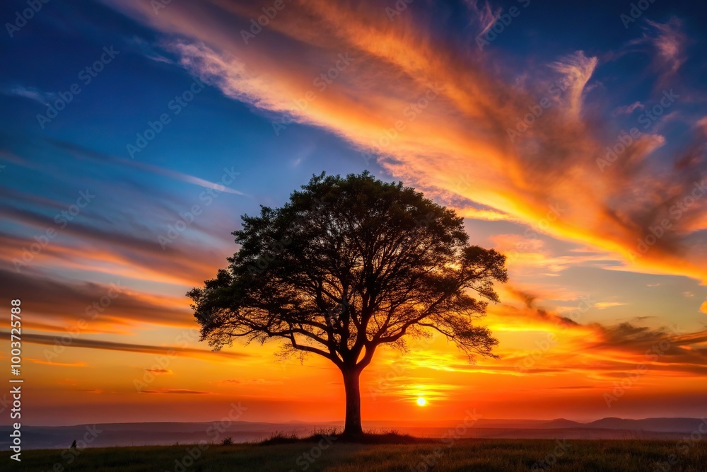 Fototapeta premium picturesque, landscape, sky, aerial, scenic, orange, silhouette, Silhouette of a tree is beautifully outlined against a breathtaking sunset background captured from an aerial perspective