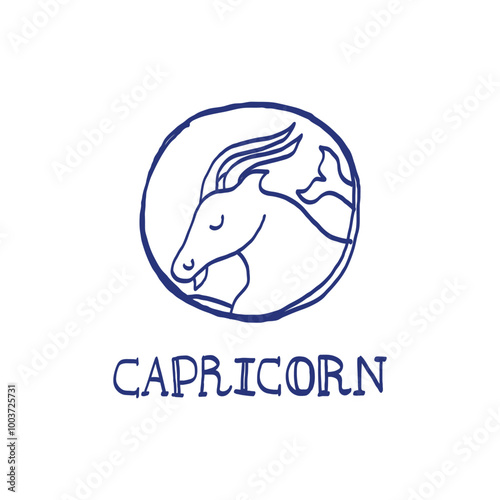 Capricorn zodiac sign. Hand drawn sketch. Blue pen or marker drawing. Astrological calendar, zodiacal round. Vector horoscope