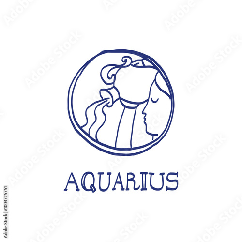Aquarius zodiac sign. Hand drawn sketch. Blue pen or marker drawing. Astrological calendar, zodiacal round. Vector horoscope