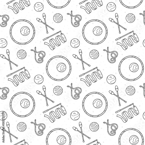 Seamless pattern with rhythmic gymnastics objects. Vector black and white background