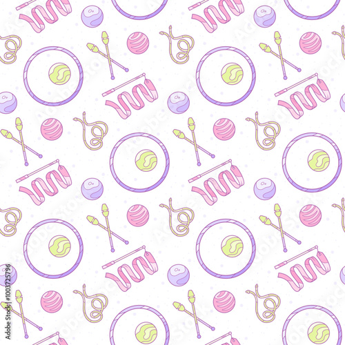 Seamless pattern with rhythmic gymnastics objects. Vector background in soft pastel shades