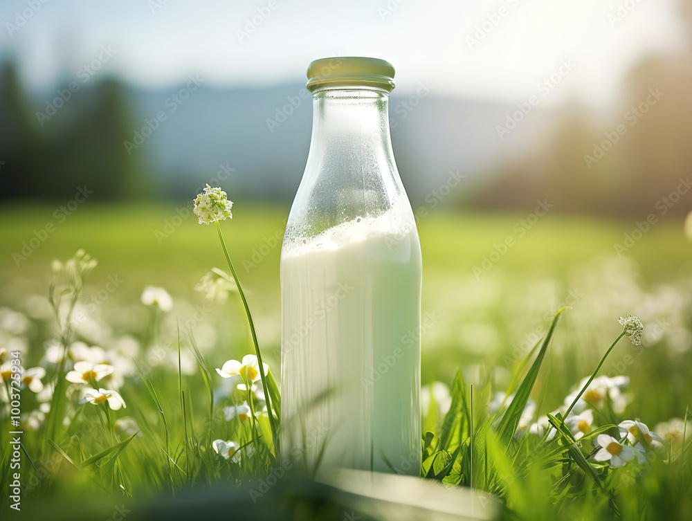 Dairy Product Mockup: Fresh Milk Bottle in a Natural Summer Farm Setting Dairy Product Mockup: Fresh Milk Bottle in a Natural Summer Farm Setting