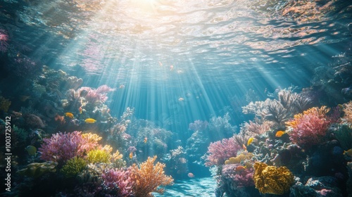 3D effect of a vibrant underwater scene with coral reefs, fish, and sunlight filtering through photo