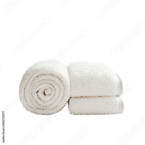 Rolled white towels on a white isolated background.