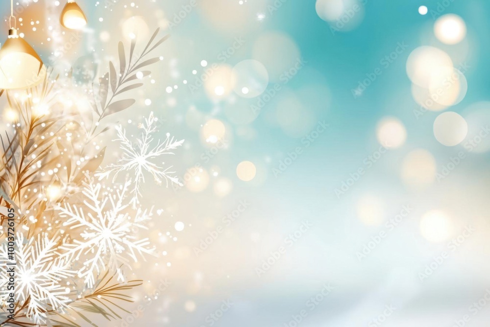 A winter wonderland scene with shimmering lights and delicate snowflakes against a soft blue background. A winter wonderland scene with shimmering lights and delicate snowflakes against a soft blue background.