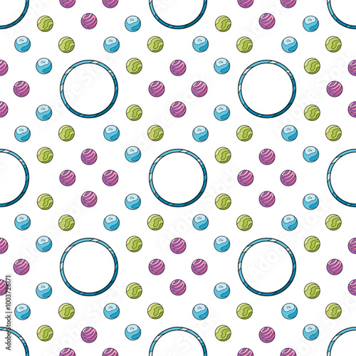 Seamless pattern with rhythmic gymnastics objects. Color background with cartoon balls and hoops