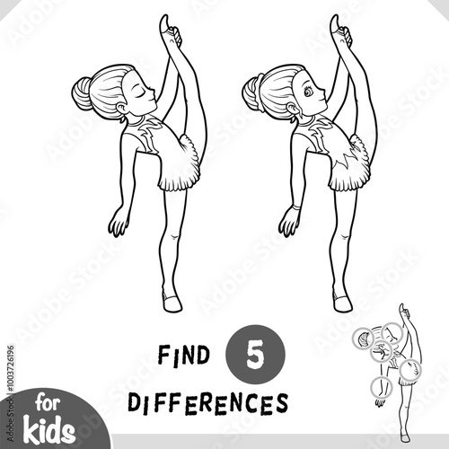 Cute cartoon gymnastic girl, find differences educational game for kids