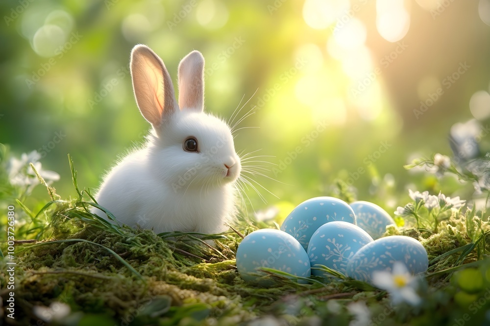 a small, fluffy white rabbit sitting on a patch of grass. The rabbit is surrounded by several light blue eggs. The background is a soft, blurred mix of green and yellow, suggesting a sunny a small, fluffy white rabbit sitting on a patch of grass. The rabbit is surrounded by several light blue eggs. The background is a soft, blurred mix of green and yellow, suggesting a sunny