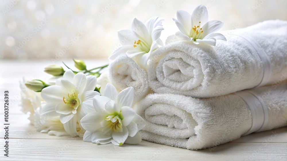 Luxurious white towels with macro flowers Luxurious white towels with macro flowers