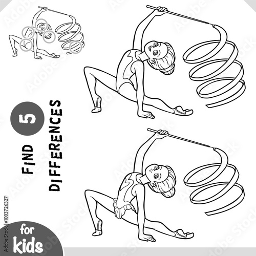 Cute cartoon gymnastic girl with a ribbon, find differences educational game for kids