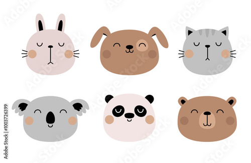 Bunny rabbit, cat kitten, dog, bear, panda, koala set. Funny face head. Cute kawaii cartoon character. Valentines Day. Sticker print. Greeting card. Childish style. Flat design White background Vector