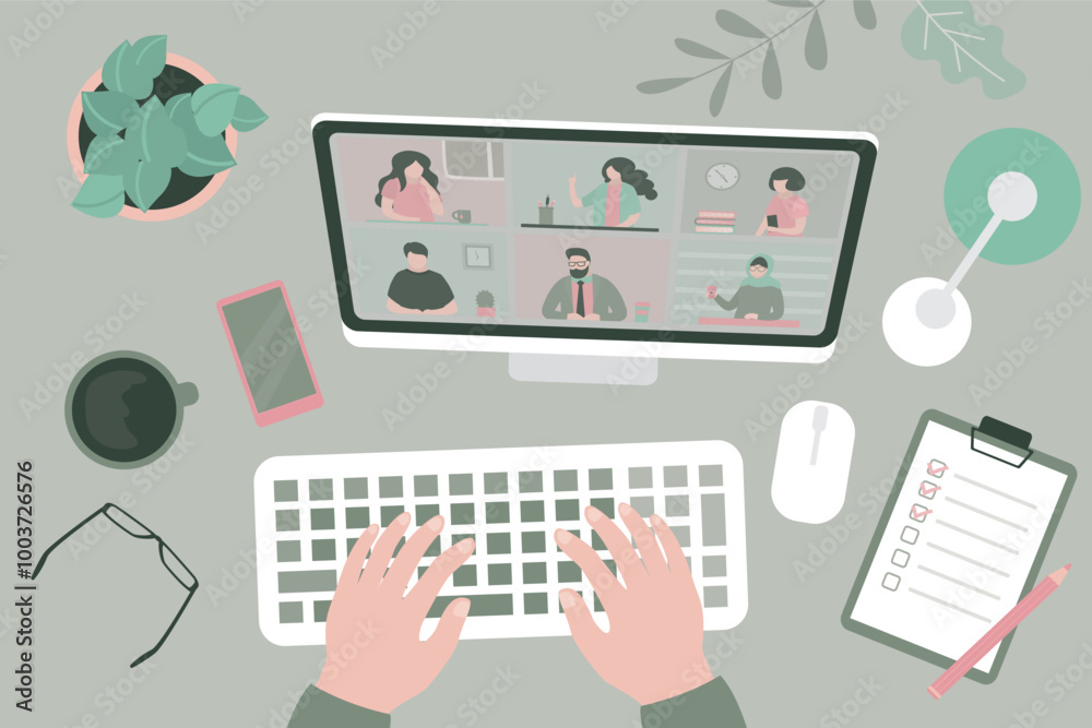 Businessman have an online meeting. Top view work place at home, conversation and communication online. Webinar and conference by video screen, working remotely. Businessman have an online meeting. Top view work place at home, conversation and communication online. Webinar and conference by video screen, working remotely.