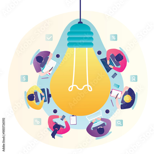 Teamwork, brainstorming, pitching ideas. Meeting in the office. People on the round table in shape of the bulb. Top view. Teambuilding concept. Bulb light idea with people.