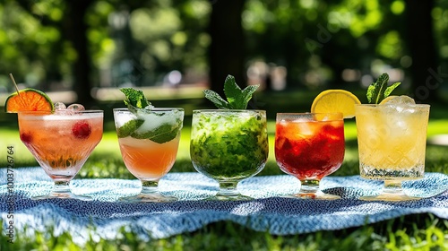 A vibrant display of five colorful cocktails on a picnic blanket in a park setting.