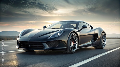 Luxury black supercar driving on road