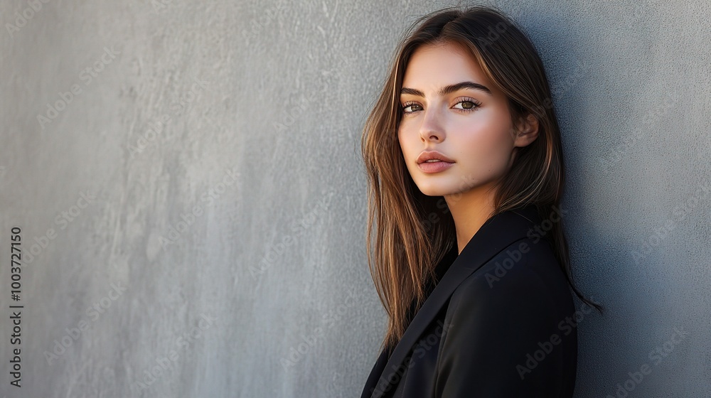 Elegant Woman in Business Attire Against Gray Wall Elegant Woman in Business Attire Against Gray Wall