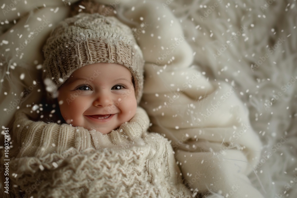 Happy Baby Smiling in Cozy Winter Setting Happy Baby Smiling in Cozy Winter Setting
