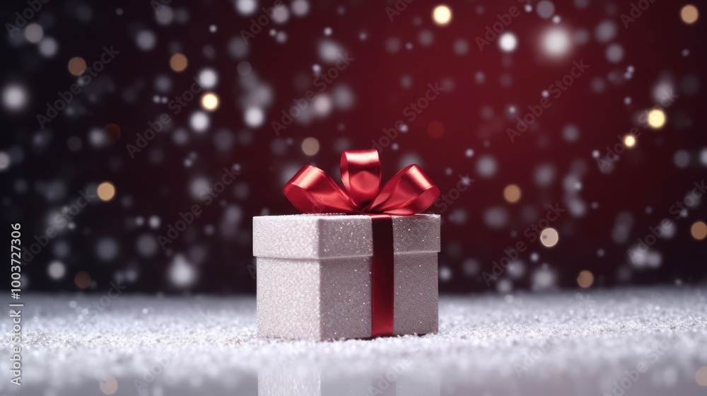 Sparkling Gift Box with Red Bow in Winter Wonderland Sparkling Gift Box with Red Bow in Winter Wonderland