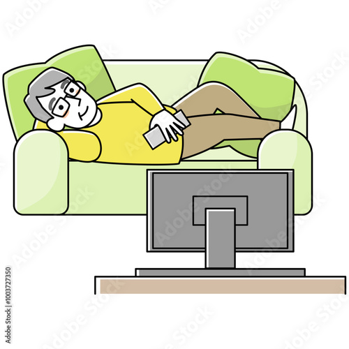 ソファでくつろぎながらテレビを見るシニア男性