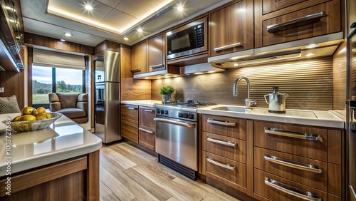 Luxury RV motorhome kitchen cabinets and appliances in extreme close-up