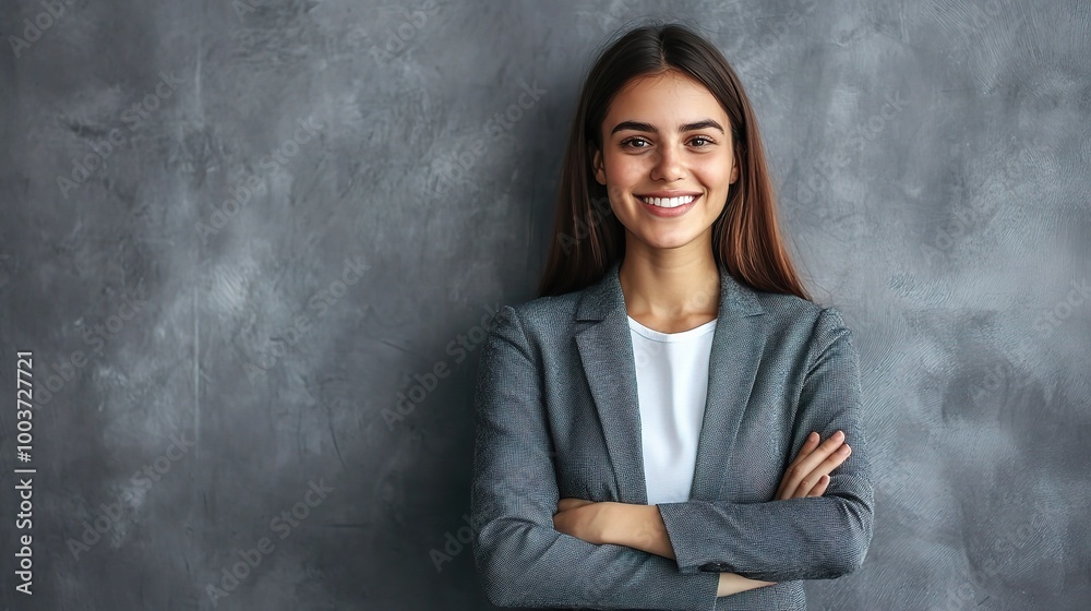Confident Businesswoman Posing Against Gray Wall Confident Businesswoman Posing Against Gray Wall