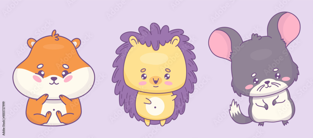 Cute cartoon rodents. Funny hamster, chinchilla and happy hedgehog. Isolated kawaii animal character. Vector illustration. Kids collection Cute cartoon rodents. Funny hamster, chinchilla and happy hedgehog. Isolated kawaii animal character. Vector illustration. Kids collection