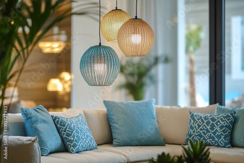 Stylish Neutral Room with Vibrant Blue and Green Pendant Light for Modern Interiors