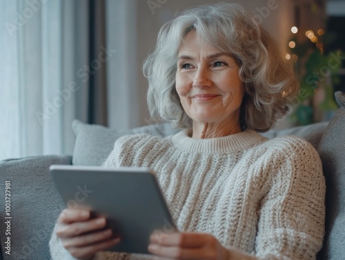 Elderly Woman Engrossed in Tablet