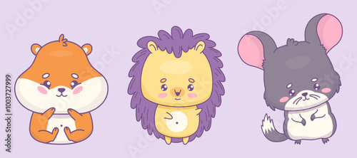 Cute cartoon rodents. Funny hamster, chinchilla and happy hedgehog. Isolated kawaii animal character. Vector illustration. Kids collection