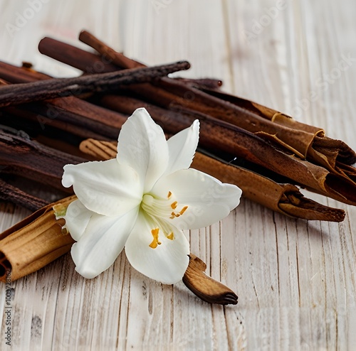 Dried vanilla pods and flower on wooden background