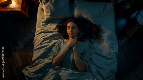 person lies in bed, covered with a blue blanket, holding a brown book that obscures their face, creating a cozy scene

 photo