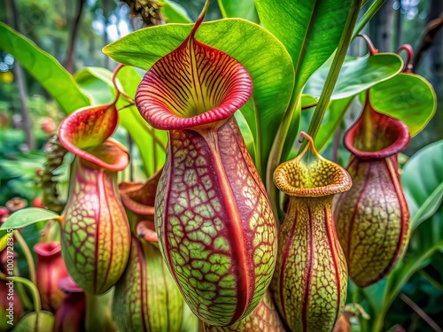 Vibrant green Nepenthes truncata tropical pitcher plant with unique cupped leaves and intricate red veins thriving in a lush, humid Philippine forest environment. photo