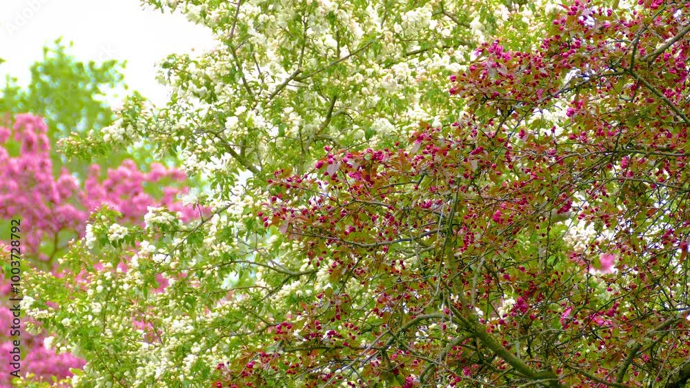 A Cape-May Warbler perches on a tree with pink blossoms before flying away in a steady wide shot. This beautiful spring wildlife video captures a serene moment in nature. A Cape-May Warbler perches on a tree with pink blossoms before flying away in a steady wide shot. This beautiful spring wildlife video captures a serene moment in nature.