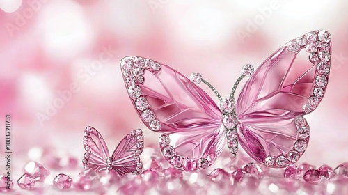  Close-up of a pink butterfly on a pink and white background with a diamond-studded bottom