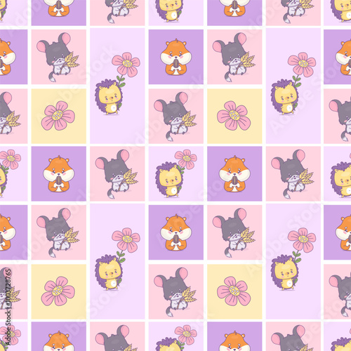 Seamless square geometric pattern with cute hamster chinchilla, and hedgehog. Funny cartoon rodent character with seed, spikelets and flower on bright checkered background. Vector illustration